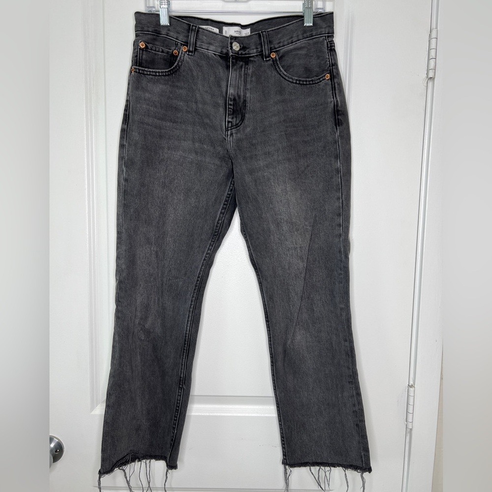 Mango Sayana Jeans Size 6 Washed Black Straight Leg High Rise Frayed Raw Cut Hem